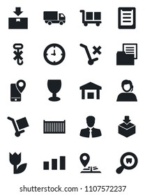 Set of vector isolated black icon - navigation vector, support, client, mobile tracking, cargo container, car delivery, clock, clipboard, folder document, fragile, no trolley, hook, tulip, warehouse