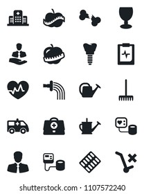 Set of vector isolated black icon - rake vector, watering can, heart pulse, doctor case, blood pressure, pills blister, ambulance car, implant, broken bone, clipboard, diet, hospital, client