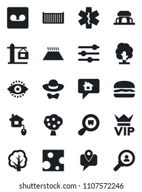 Set of vector isolated black icon - vip vector, tree, ambulance star, mobile tracking, cargo container, search, tuning, record, eye id, fruit, crane, cafe building, dress code, hamburger, cheese