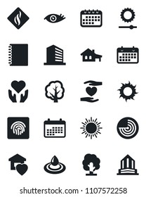 Set of vector isolated black icon - sun vector, radar, office building, tree, heart hand, eye, term, brightness, fingerprint id, copybook, house with garage, sweet home, water, smoke detector
