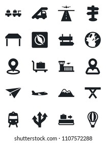 Set of vector isolated black icon - runway vector, baggage conveyor, trolley, train, signpost, larry, ladder car, plane, airport building, picnic table, route, navigation, place tag, compass, earth