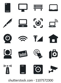 Set of vector isolated black icon - antenna vector, wireless notebook, bench, barcode, camera, touch screen, monitor, laptop pc, phone back, mobile, face id, eye, cellular signal, pen, smart home