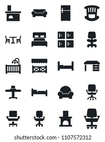 Set of vector isolated black icon - cafe vector, bed, checkroom, office chair, desk, fireplace, bedroom, children room, cushioned furniture, restaurant table, alcove, fridge