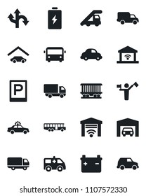 Set of vector isolated black icon - dispatcher vector, airport bus, parking, alarm car, ladder, ambulance, route, railroad, delivery, garage, gate control, battery
