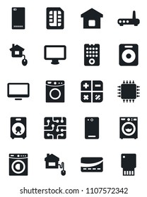 Set of vector isolated black icon - calculator vector, monitor, speaker, phone back, sim, washer, smart home, credit card, control, chip, remote, router, usb flash