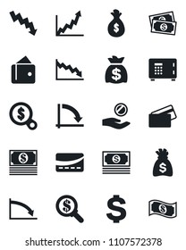 Set of vector isolated black icon - safe vector, dollar sign, money bag, crisis graph, cash, credit card, wallet, growth, search, investment