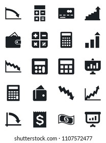 Set of vector isolated black icon - credit card vector, growth statistic, calculator, crisis graph, receipt, wallet, cash, presentation