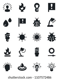 Set of vector isolated black icon - sun vector, bulb, lady bug, fire, important flag, brightness, desk lamp, water, energy saving, shining head, idea