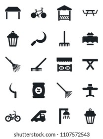 Set of vector isolated black icon - ladder car vector, rake, sickle, garden light, picnic table, fertilizer, bike, restaurant, alcove, outdoor lamp