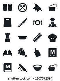 Set of vector isolated black icon - cook vector, cafe, hat, menu, bacon, salt and pepper, ham, bowl, rolling pin, cutting board, knife, steaming pan