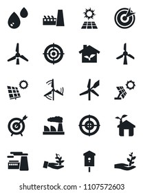 Set of vector isolated black icon - factory vector, bird house, target, sun panel, windmill, eco, water, palm sproute