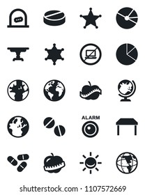Set of vector isolated black icon - no laptop vector, ticket office, globe, pills, diet, earth, pie graph, table, police, alarm led