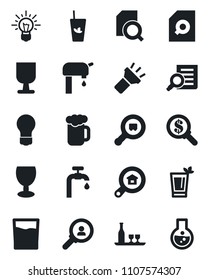 Set of vector isolated black icon - document search vector, bulb, fragile, cargo, torch, water supply, estate, alcohol, drink, phyto bar, beer, consumer, money, idea, flask