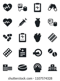 Set of vector isolated black icon - heart pulse vector, diagnosis, syringe, blood pressure, pills, blister, tomography, real, clipboard, hospital