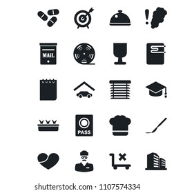 Set of vector isolated black icon - passport vector, graduate, notepad, seedling, pills, scalpel, doctor, fragile, no trolley, reel, heart, mailbox, garage, dish, cook hat, water heater, jalousie