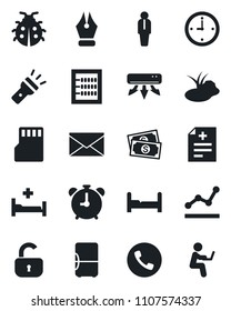 Set of vector isolated black icon - alarm clock vector, phone, manager, mail, lady bug, pond, diagnosis, hospital bed, cash, sd, torch, abacus, ink pen, point graph, lock, bedroom, air conditioner