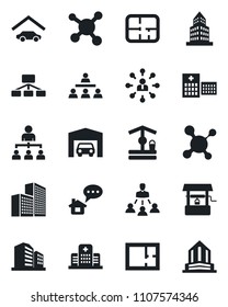 Set of vector isolated black icon - hierarchy vector, well, molecule, hospital, office building, garage, plan, home message