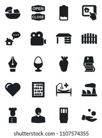 Set of vector isolated black icon - abacus vector, desk, factory, heart, hospital bed, real, low battery, video, ink pen, support, book, fence, cook, drink, salad, egg stand, open close, message