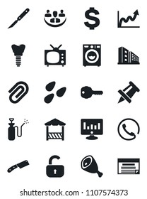 Set of vector isolated black icon - dollar sign vector, drawing pin, statistic monitor, seeds, garden sprayer, scalpel, implant, company, paper clip, office building, key, lock, washer, tv, phone
