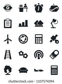 Set of vector isolated black icon - waiting area vector, plane, gear, ladder, tree, diet, satellite, network, alarm, eye id, clipboard, bar graph, calculator, manager desk, lamp, serviette, wireless