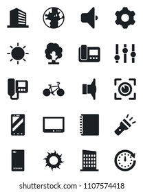 Set of vector isolated black icon - mobile phone vector, office building, tree, sun, bike, earth, speaker, settings, tv, back, torch, copybook, city house, intercome, sound, eye scan, clock