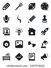 Set of vector isolated black icon - parking vector, smoking place, stamp, pencil, farm fork, house, sickle, joint, broken bone, reel, microphone, gallery, photo, desk lamp, children room, rocket