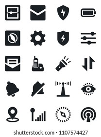 Set of vector isolated black icon - antenna vector, radio phone, protect, settings, tuning, bell, mail, scanner, data exchange, torch, mute, place tag, compass, eye id, cellular signal, battery