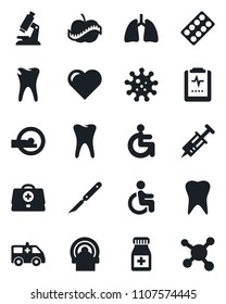 Set of vector isolated black icon - heart vector, doctor case, syringe, microscope, pills bottle, blister, scalpel, tomography, ambulance car, disabled, lungs, tooth, caries, pulse clipboard, diet