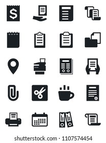 Set of vector isolated black icon - contract vector, office binder, notepad, document, coffee, pin, receipt, folder, cut, clipboard, paper clip, printer, copier, calendar