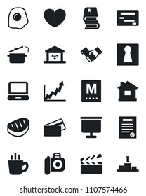 Set of vector isolated black icon - female vector, handshake, house, heart, clapboard, camera, laptop pc, presentation board, contract, book, menu, coffee, credit card, steak, steaming pan, omelette