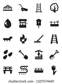 Set of vector isolated black icon - job vector, shovel, rake, ladder, tree, lawn mower, fire, seedling, water drop, well, bench, greenhouse, seeds, caterpillar, bird house, drip irrigation, tulip