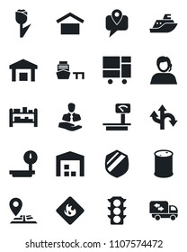 Set of vector isolated black icon - route vector, navigation, traffic light, support, client, mobile tracking, sea shipping, port, consolidated cargo, warehouse storage, tulip, shield, flammable