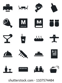 Set of vector isolated black icon - dish vector, alcohol, restaurant table, menu, reserved, reception, cocktail, phyto bar, waiter, salt and pepper, bread, cafe, receipt, ham, rolling pin