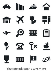 Set of vector isolated black icon - railroad vector, important flag, plane, 24 hours, sea shipping, cargo container, car delivery, consolidated, clipboard, fragile, warehouse storage, no hook, tulip