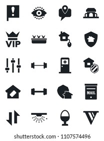 Set of vector isolated black icon - vip vector, medical room, seedling, barbell, important flag, mobile tracking, tuning, data exchange, eye id, mailbox, smart home, estate insurance, egg stand