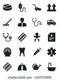 Set of vector isolated black icon - baby vector, rake, watering can, lawn mower, diagnosis, stethoscope, syringe, dropper, pills, blister, tomography, ambulance star, car, lungs, tooth, client