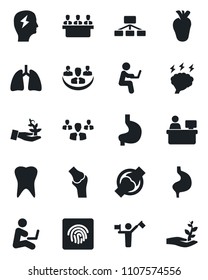 Set of vector isolated black icon - dispatcher vector, brainstorm, manager place, stomach, lungs, real heart, tooth, joint, fingerprint id, company, meeting, group, palm sproute, hierarchy