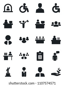 Set of vector isolated black icon - dispatcher vector, disabled, reception, speaking man, pedestal, manager place, group, user, identity card, desk, meeting, estate agent, waiter, palm sproute