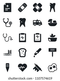 Set of vector isolated black icon - plant label vector, heart pulse, diagnosis, stethoscope, dropper, patch, ambulance car, caries, clipboard, pool, salad, bread, rolling pin, omelette