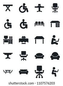 Set of vector isolated black icon - waiting area vector, disabled, office chair, desk, picnic table, cushioned furniture, restaurant, man with notebook