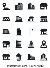 Set of vector isolated black icon - taxi vector, shop, garden light, navigation, store, office building, city house, cafe, storefront