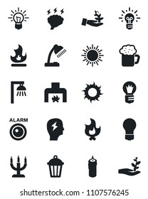 Set of vector isolated black icon - sun vector, brainstorm, bulb, fire, garden light, desk lamp, fireplace, beer, candle, outdoor, alarm led, palm sproute, idea