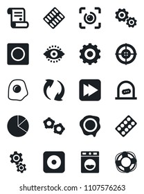 Set of vector isolated black icon - ticket office vector, gear, stamp, contract, pills blister, fast forward, rec button, update, record, eye id, pie graph, target, omelette, washer