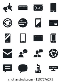Set of vector isolated black icon - mobile phone vector, mail, office, loudspeaker, network, cell, speaker, message, reserved