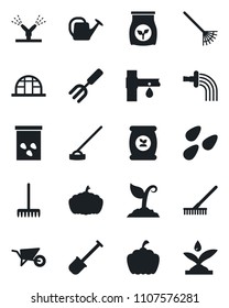 Set of vector isolated black icon - garden fork vector, shovel, rake, watering can, wheelbarrow, sproute, hoe, pumpkin, greenhouse, seeds, fertilizer, drip irrigation