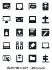 Set of vector isolated black icon - passport vector, office binder, notebook pc, document, pulse clipboard, signpost, monitor, laptop, folder, notes, sale, pass card, certificate, guidepost