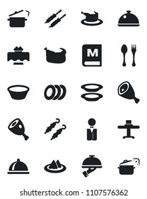 Set of vector isolated black icon - spoon and fork vector, waiter, dish, restaurant table, serviette, menu, plates, chicken, kebab, ham, bowl, steaming pan