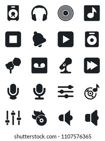 Set of vector isolated black icon - vinyl vector, flame disk, microphone, speaker, headphones, play button, stop, fast forward, tuning, bell, record, music, sound