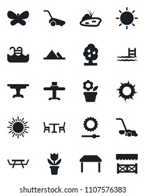 Set of vector isolated black icon - cafe vector, sun, flower in pot, lawn mower, butterfly, picnic table, brightness, pond, pool, fruit tree, mountains, restaurant, alcove