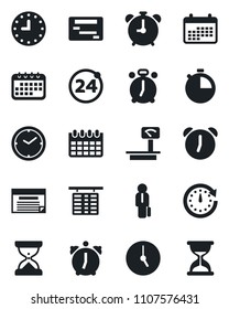 Set of vector isolated black icon - 24 around vector, alarm clock, flight table, calendar, heavy scales, stopwatch, manager, schedule, sand